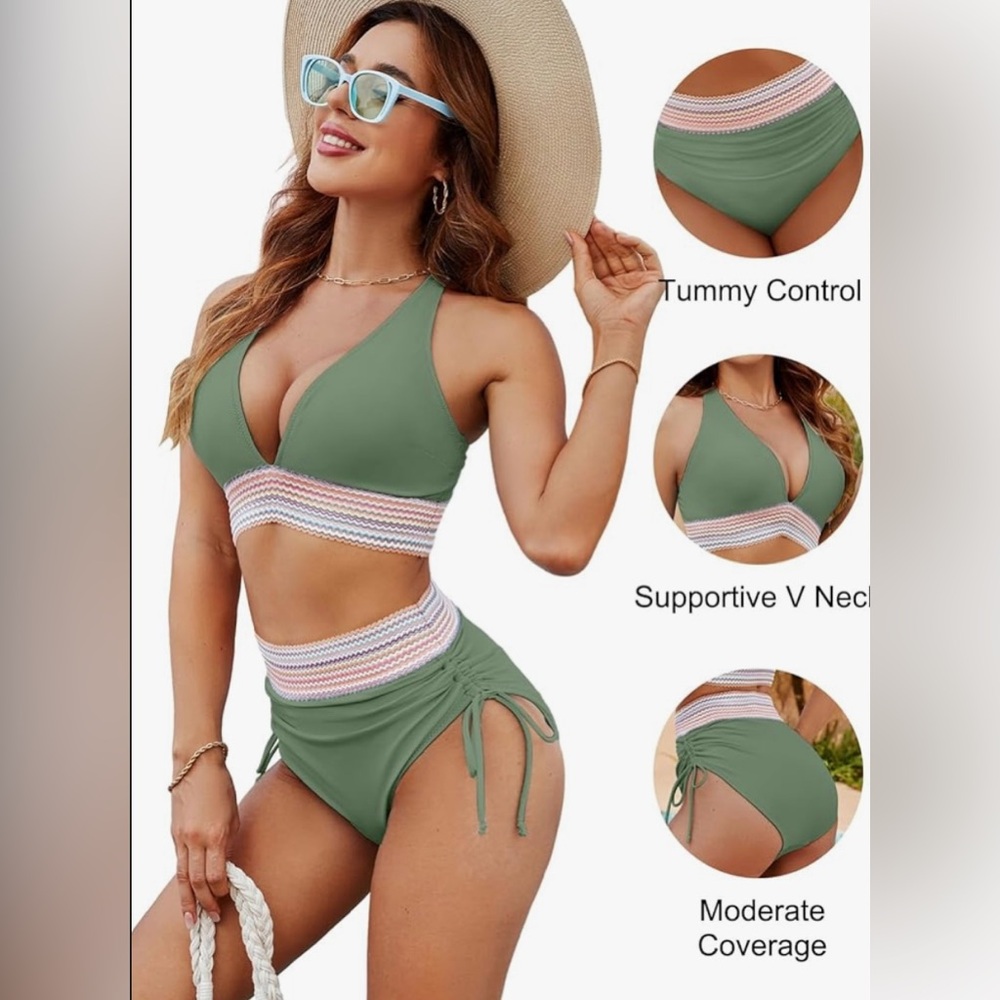 Blooming Jelly Womens High Waisted Bikini Set Color Block Tummy Control 2 pc - Picture 5 of 15